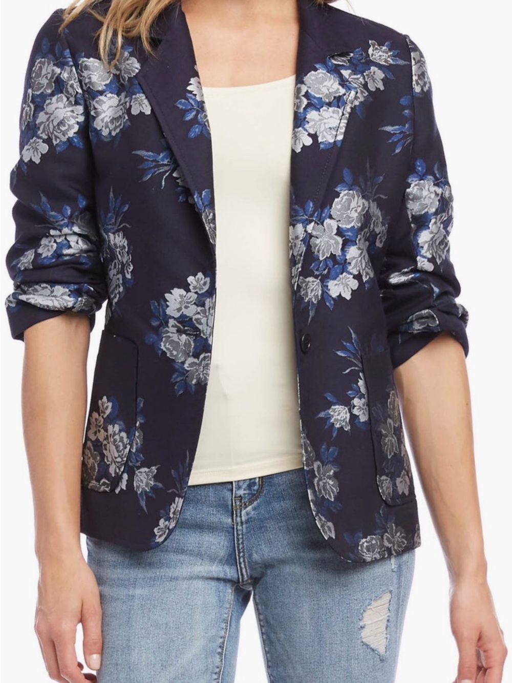 Karen Kane Navy Floral Jaquard Ruched Sleeve Blazer Jacket